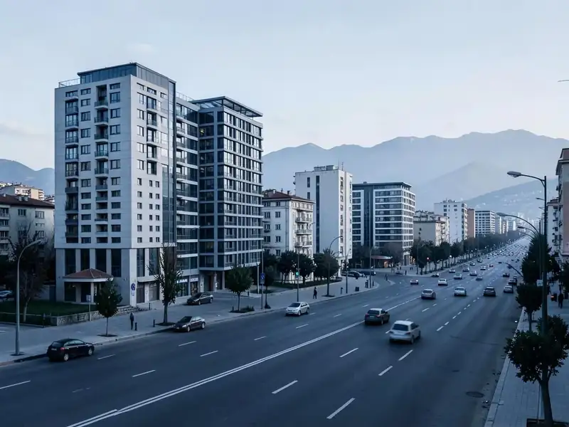 Modern apartment and office buildings along a wide boulevard in Tirana, Albania