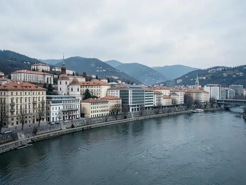 Riverside buildings and surrounding hills in Sarajevo, Bosnia and Herzegovina