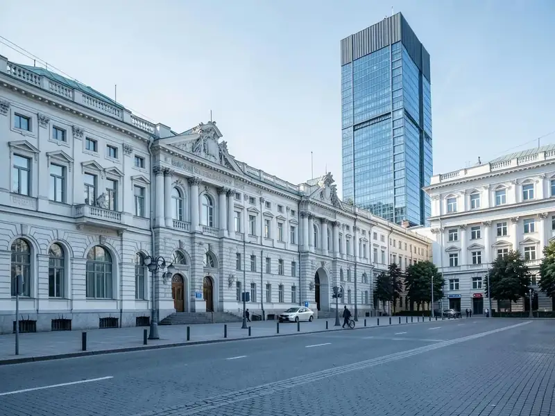 Stately civic architecture and a modern office tower in Sofia, Bulgaria