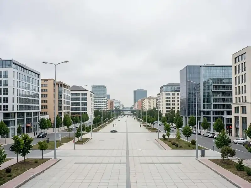 Modern buildings along a wide pedestrian boulevard in Pristina, Kosovo