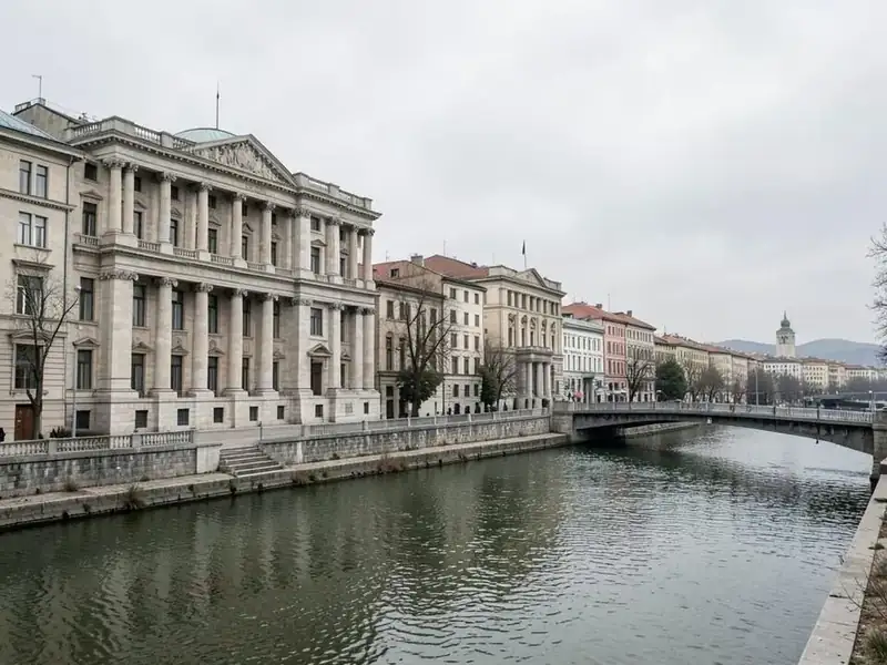 Neoclassical civic buildings beside the river in Skopje, North Macedonia