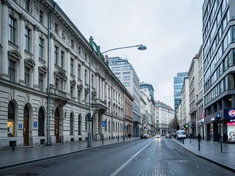 Historic and contemporary buildings along a city street in Belgrade, Serbia