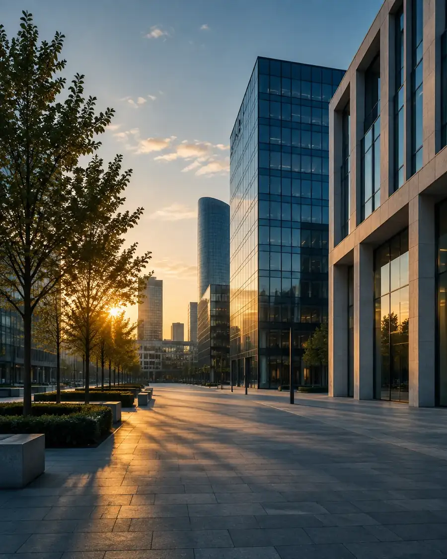 A modern European business district at sunset