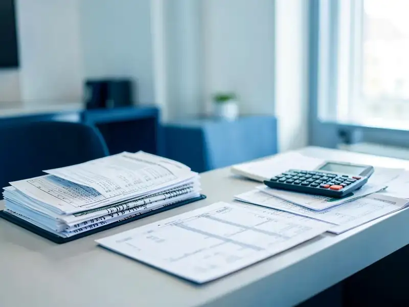 Financial ledgers, statements and a calculator on a desk in a bright office