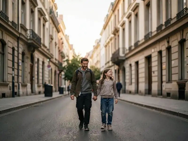 A family walking through a calm European residential neighbourhood